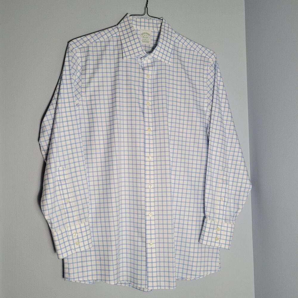 Brooks Brothers Non-Iron Mens Dress Shirt Blue White Check Milano Fit Size 16/32